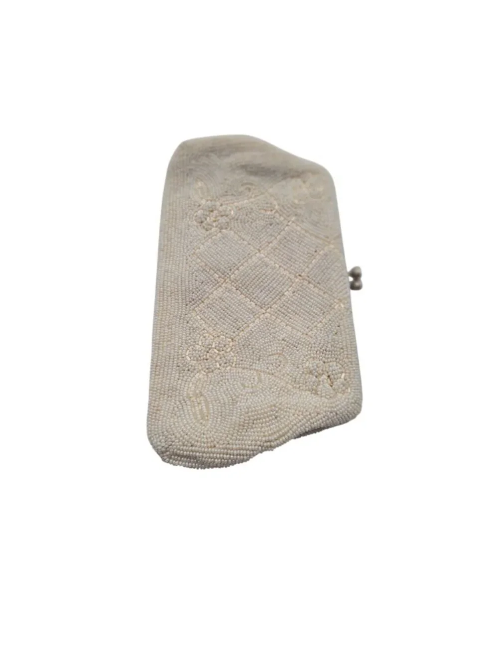 Vintage 1960s White Micro Beaded Evening Bag With Floral Pattern 8x4in